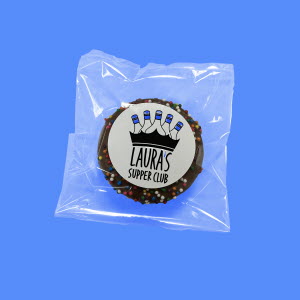 Laura's Supper Club logo on label for chocolate covered cookie